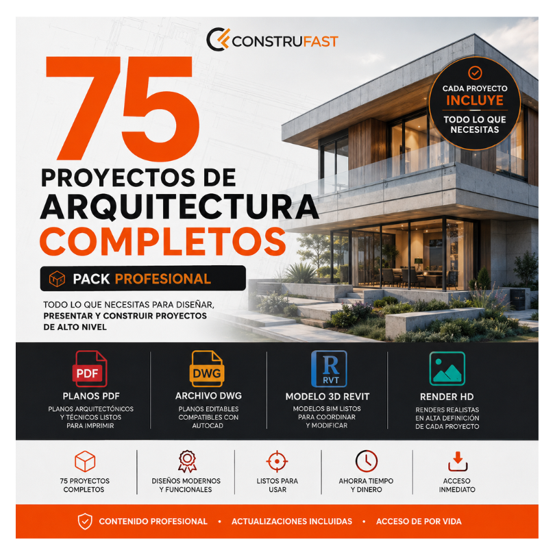 Pack de 75 Proyectos de Arquitectura Profesionales – Planos + DWG + Revit + Renders